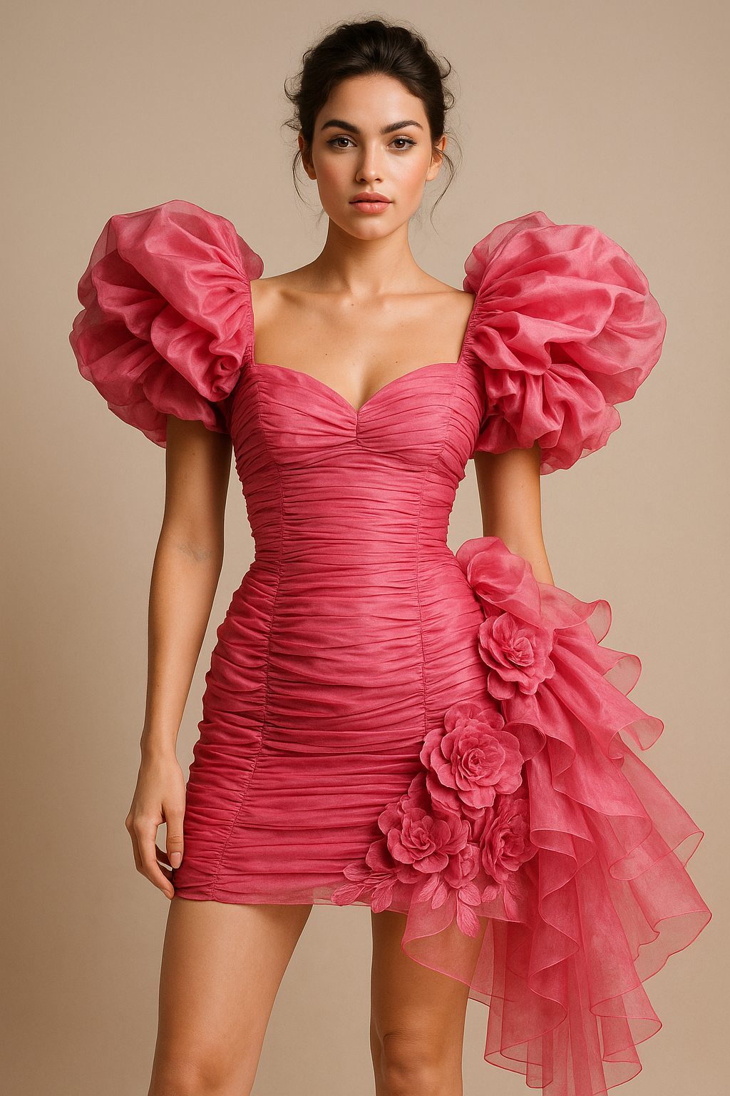 Woman in pink ruched mini dress - third view